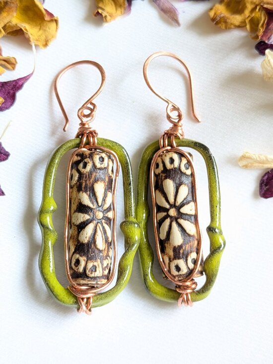 Artisan Jewelry - Earthy Woodland Floral Earrings with Enameled Copper Hoops